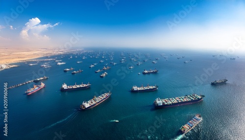 aerial view of crowded strait of hormuz with numerous ships