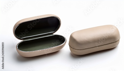 Beige Leather Eyeglasses Case Shown Open And Closed Isolated On White Background