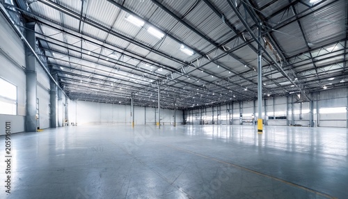 large empty industrial warehouse with concrete floor and high ceiling