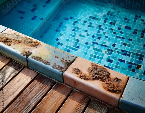close up of dirty pool edge tiles before and after cleaning