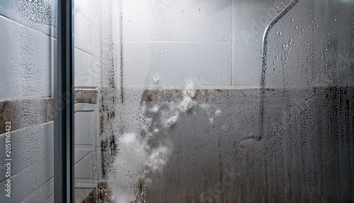 dirty shower glass partition with soap scum water spots