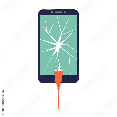 Broken smartphone with cracked screen and charging cable