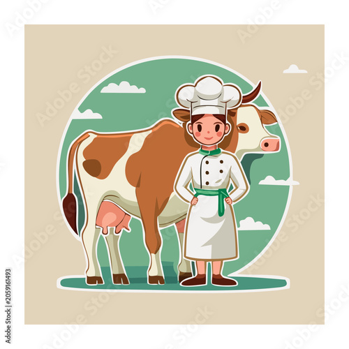 Cartoon chef standing next to a dairy cow