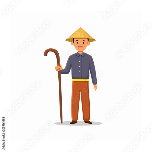Cartoon man in straw hat holding walking stick