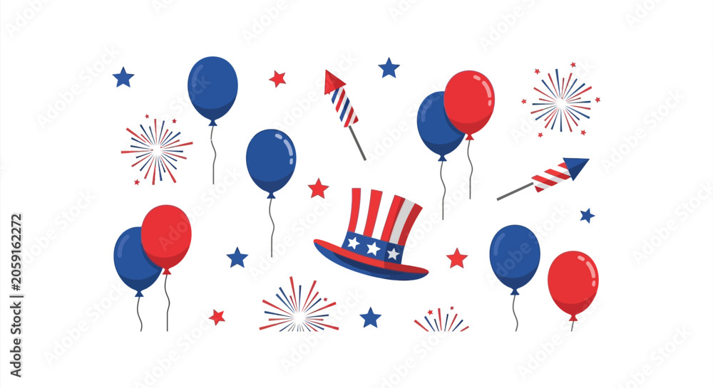 Obraz premium Red white and blue balloons fireworks and uncle sam hat vector illustration on white background