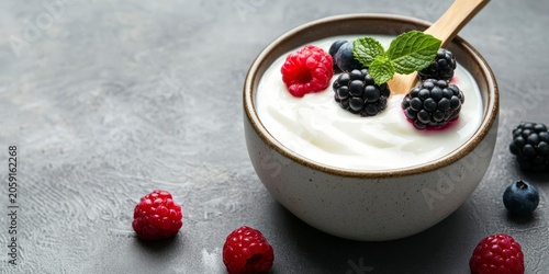 Minimalist bowl of skyr with fresh berries and wooden spoon on gray background  