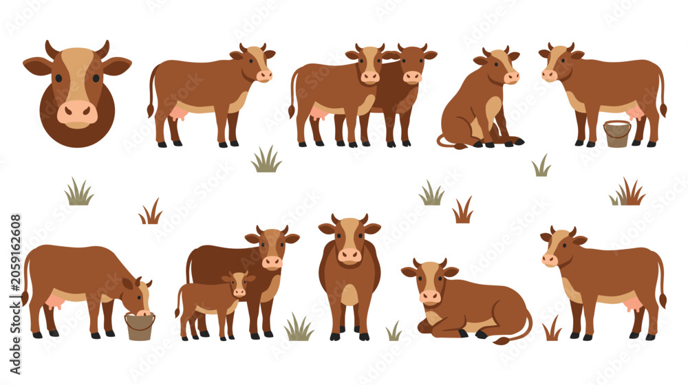 Fototapeta premium Brown cows in various poses on white background.