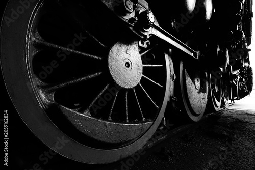 Drivetrain of a steam engine, black and white image