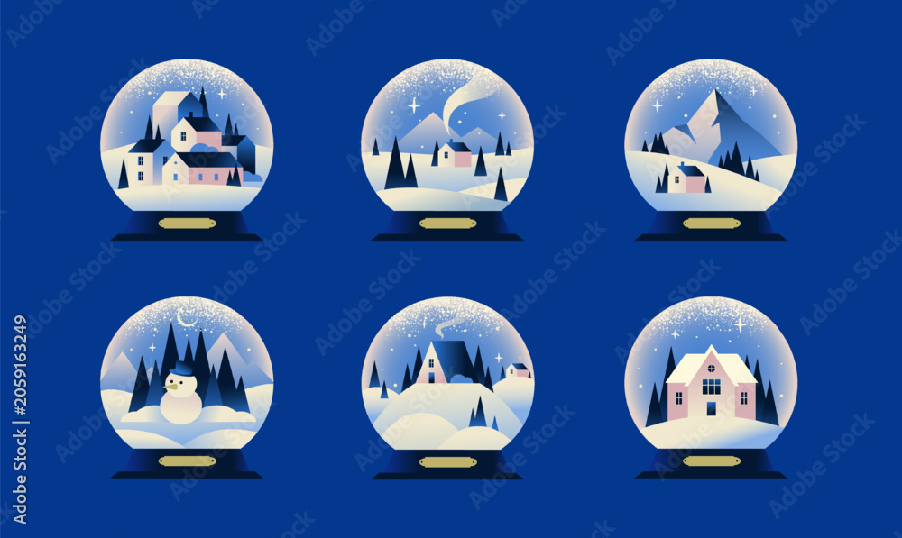Fototapeta premium Set of snow globes. Glass balls with winter landscapes, village houses, mountains and trees. Christmas holiday decorations. Cartoon human made vector illustration collection isolated on background