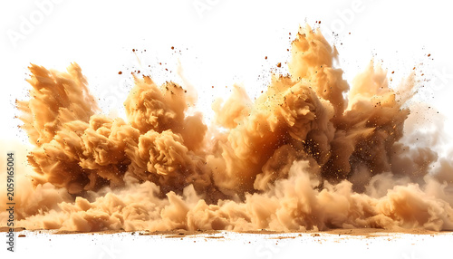 Isolated beige dust explosion cloud with swirling sand particles and dynamic motion burst