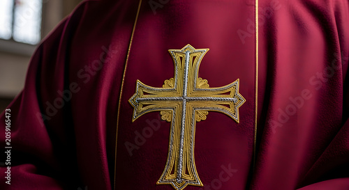 Close-up of a red priest vestment with a gold embroidered cross. Catholic church liturgy and religious ceremony concept. Sacred garment detail