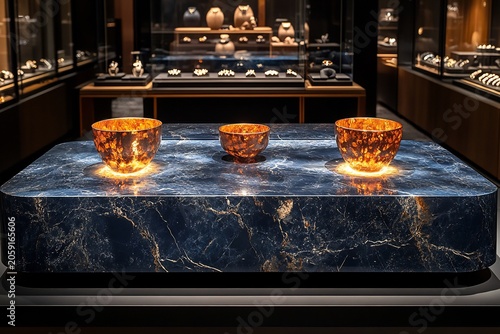 Luxurious Gold Bowls on Blue Marble Display Table in Jewelry Store