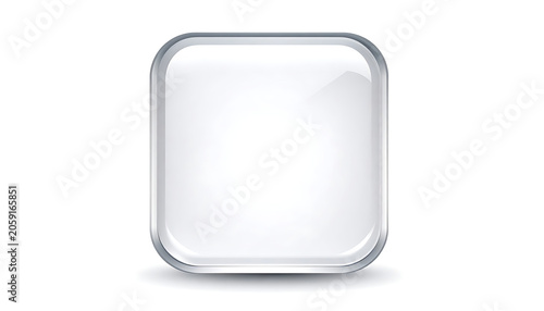 Isolated glossy white rounded square button with metallic border, mobile app interface element