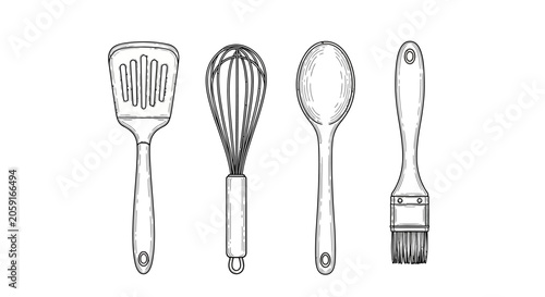 Foto Hand Drawn Kitchen Utensil Set Featuring A Slotted Turner Whisk Spoon And Pastry