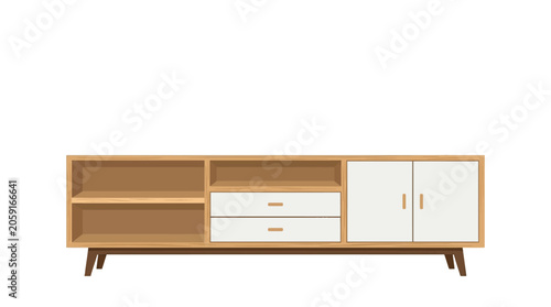 Bilde på lerret A minimalist wooden sideboard with white drawers and cabinets on a plain white background, showcasing modern furniture design