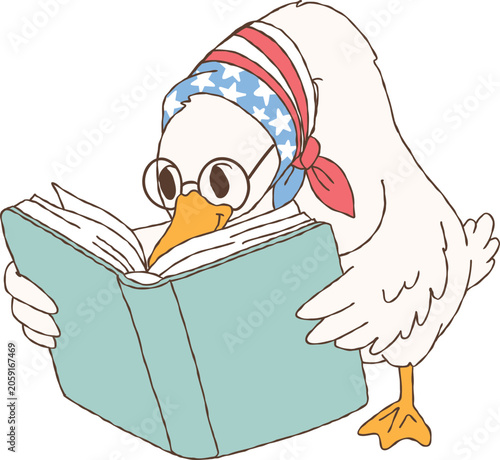 4th Of July Goose, Patriotic Goose Reading a book, Red White and Blue Reading