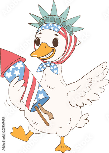 Patriotic Goose 4th of July, Holding a Fire work, 250th Anniversary USA.
