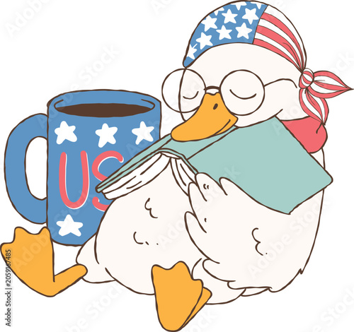 Cute Patriotic Goose Sleeping with Book and US Coffee Mug, American Flag Bandana, 4th of July Clipart