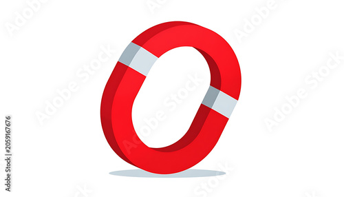 Isolated red horseshoe magnet with silver poles, scientific tool for physics attraction, magnetism, metallic research, force field, education
