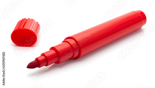 Isolated red felt tip marker pen with cap off for drawing, writing, highlighting, stationery