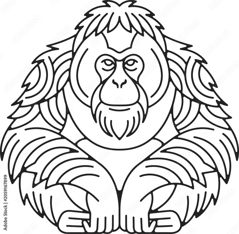 Fototapeta premium Symmetrical Stylized Orangutan Line Art Logo and Tattoo Design Vector