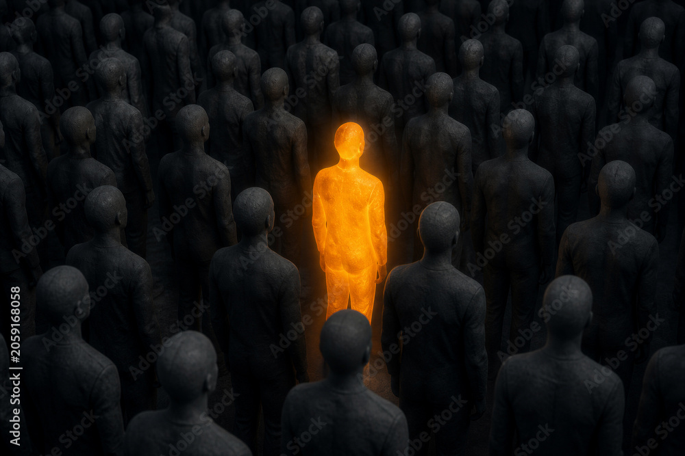 Obraz premium Glowing figure standing among dark crowd in shadowed space