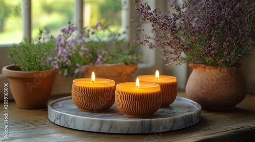 Lit Candles on Marble Tray with Potted Plants on Wooden Table Window