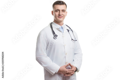 Portrait of Confident Professional Male GP Doctor Posing in Doctor's Smock With Endoscope and Hands Folded in Front on White As Medicine and Medical Treatment  Ideas.