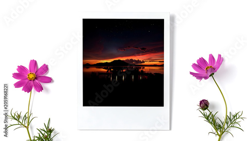 Instant photo frame with sunset landscape and cosmos flowers, memory capture