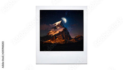 Instant photo frame with Matterhorn peak illuminated by moonlight at night with starry sky