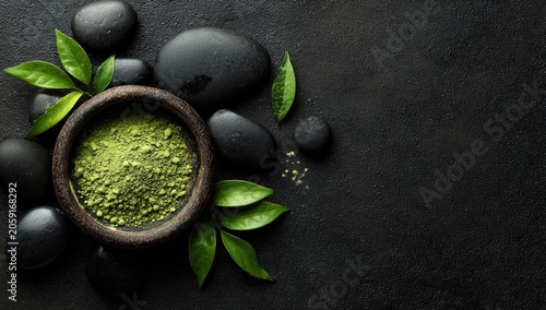 Zen arrangement matcha powder in a wooden bowl with spa stones and fresh green leaves on black surface