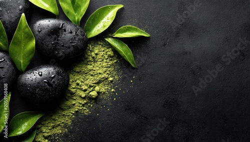 Zen garden composition with black stones, green leaves, and matcha powder