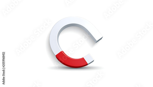 Isolated 3D horseshoe magnet icon in red and silver for physics, magnetism, attraction, scientific research, and force measurement