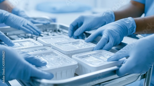 Gloved hands of diverse healthcare professionals arranging sealed white containers and sterilized tools on a stainless steel trolley amid soft blue medical accents in a brightly