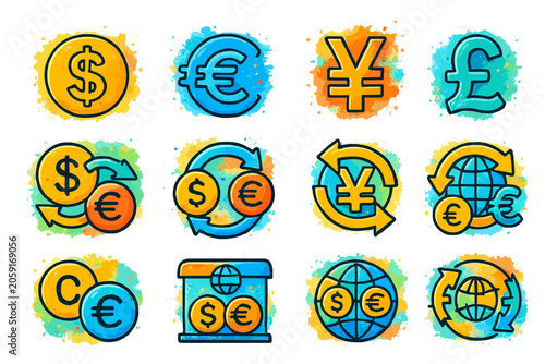 Colorful currency symbols and exchange icons on vibrant background