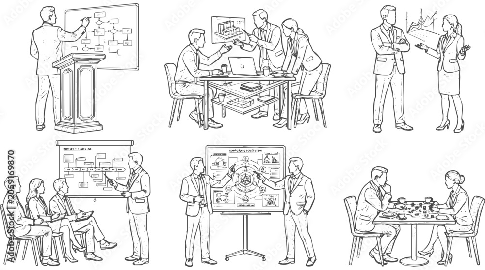 Obraz premium Professional Business People Engaged in Presentation, Collaboration, and Teamwork to Develop a Successful Corporate Strategy Illustration