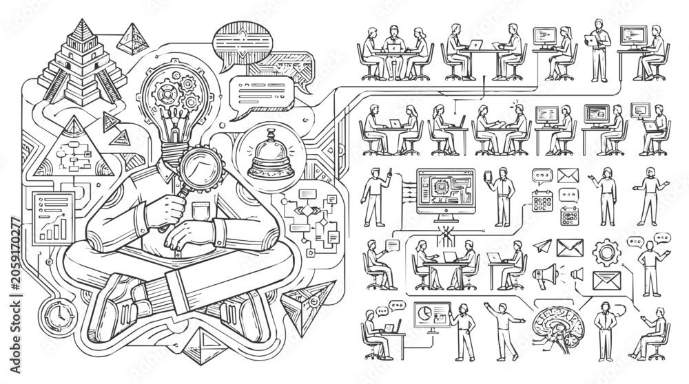 Obraz premium Conceptual Innovation for Business Strategy Illustration with a Creative Mind Character and Various Doodled Office Teamwork and Management Scenarios