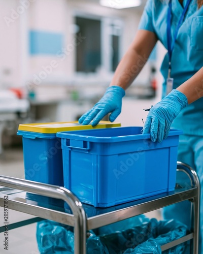 Focused medium shot of a nurses hands verifying correct disposal on a stainless steel trolley holding a sharps container and waste bin set in a clinical room with soft neutral