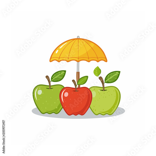 Cartoon Apples Under Yellow Umbrella