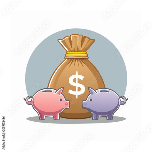 Cartoon money bag with two piggy banks