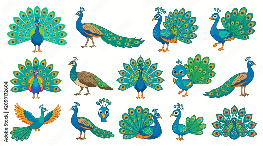 Obraz premium Colorful Cartoon Peacock Character Set with Various Poses and Expressions on White Background