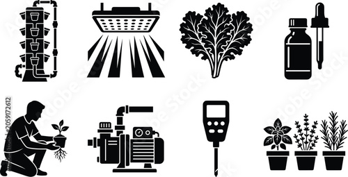 Obraz na plátně Hydroponic gardening icons with grow light, nutrient bottle, water pump, sensor,
