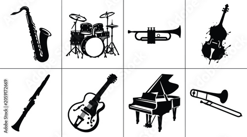 Foto Musical instrument icons with saxophone, trumpet, drum set, piano, guitar, clari