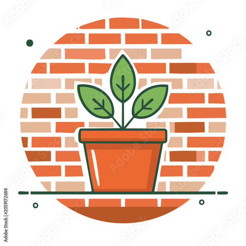 Flat icon of potted plant on brick background