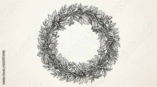 Hand-drawn botanical wreath illustration. Vintage elegant foliage circle with leaves and berries, monochrome decorative design.
