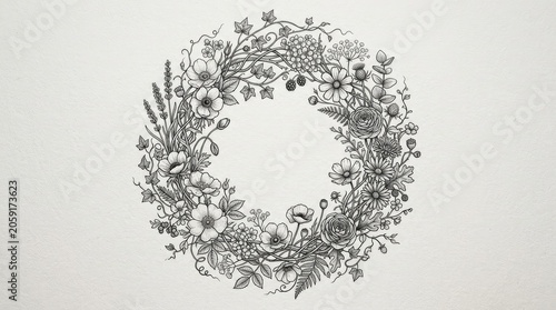 Elegant hand-drawn botanical wreath illustration with wild flowers, leaves, and berries on a white background, vintage style.
