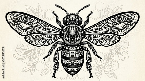 Ornate Black and White Bee Illustration with Intricate Details, Decorative Insect Art and Vintage Style Patterns