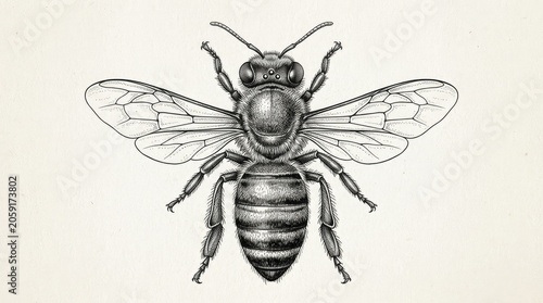 Detailed vintage hand-drawn illustration of a bee, a black and white scientific entomology sketch on textured paper.