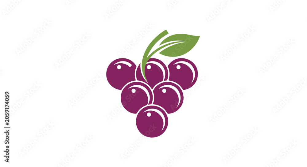 Obraz premium A cluster of ripe purple grapes with green leaves on a white background, fresh fruit icon
