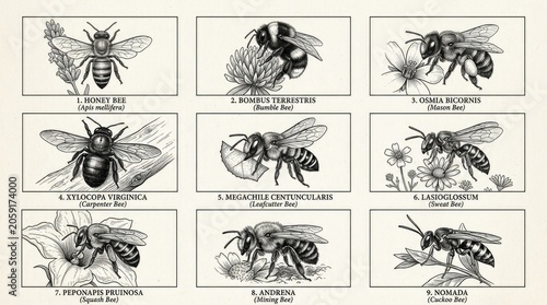 Vintage scientific illustrations of diverse bee species, including honey bees and bumblebees, in a detailed black and white engraving style for nature and entomology.